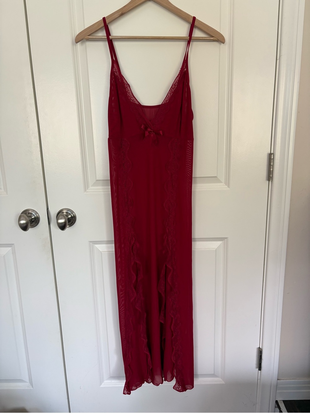Dark Red Sheer Lace Midi Slip Dress Nightgown Lingerie Romantic Goth vintage